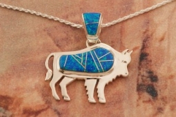 Calvin Begay Blue Opal Sterling Silver Buffalo Pendant